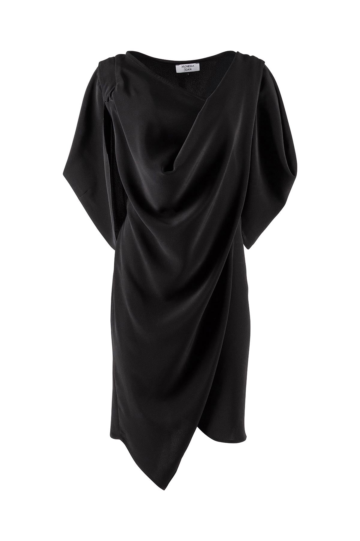 Black draped dress on a white background