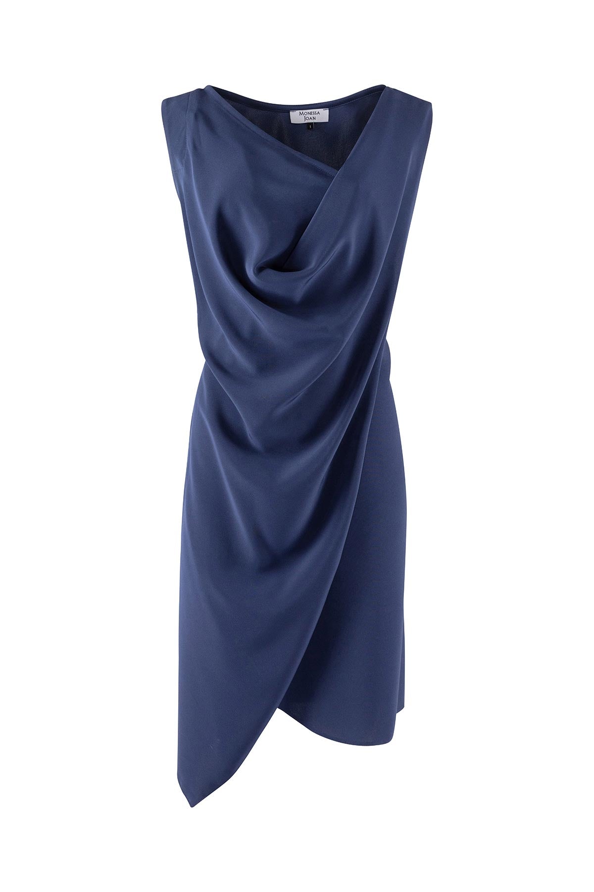 Blue sleeveless dress with draped design on a white background