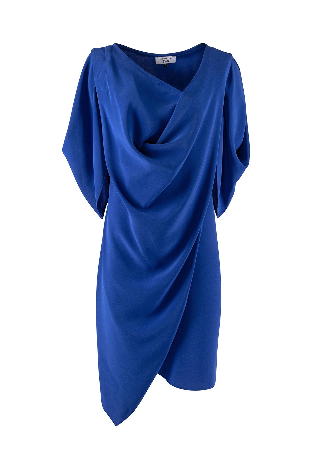 Blue draped dress on a white background
