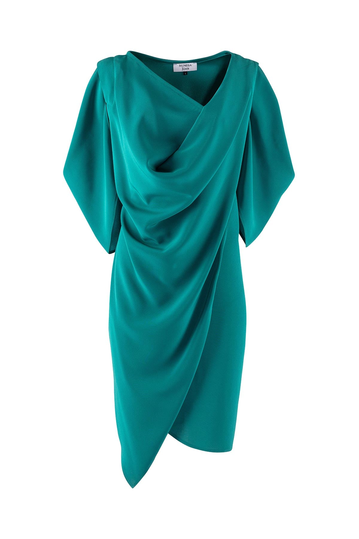 Teal draped dress on a white background