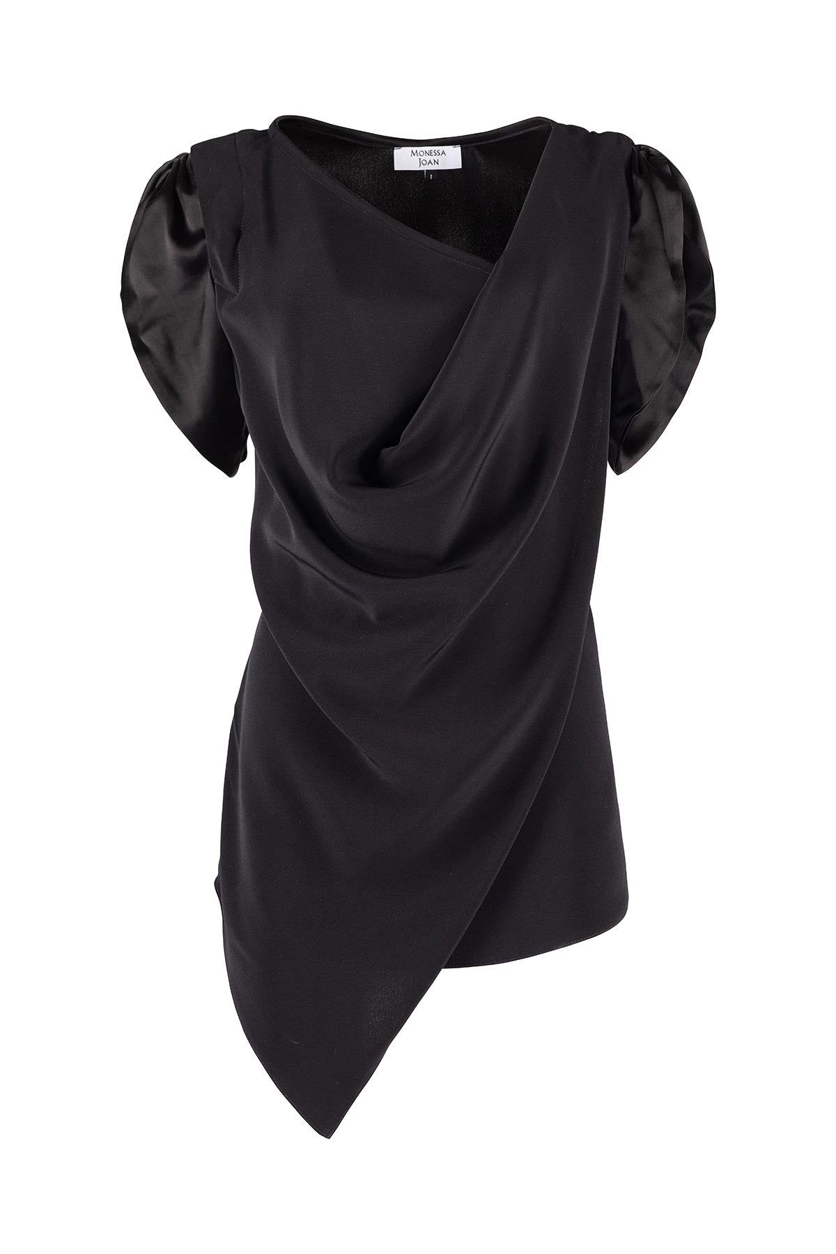 Black draped blouse with puff sleeves on a white background