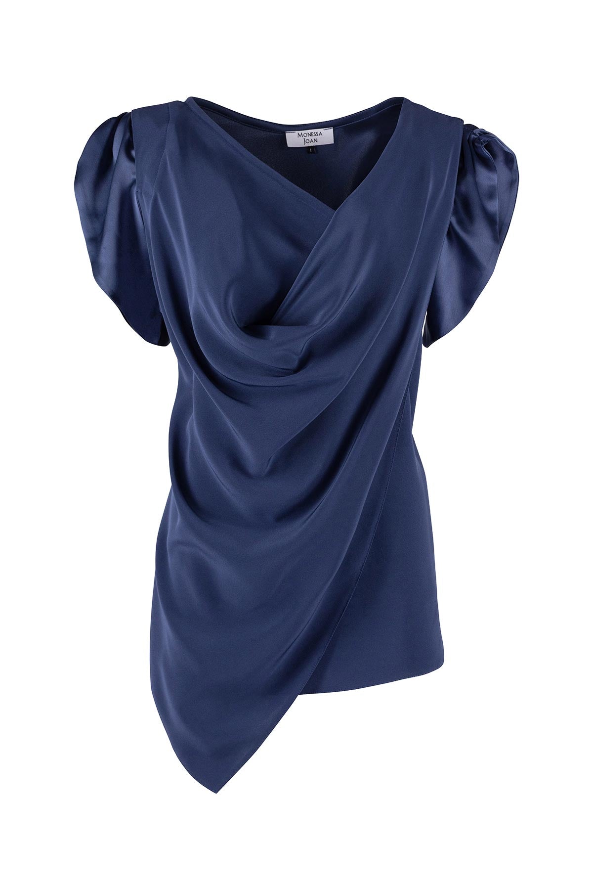 Navy Blue satin top with draped design on a white background