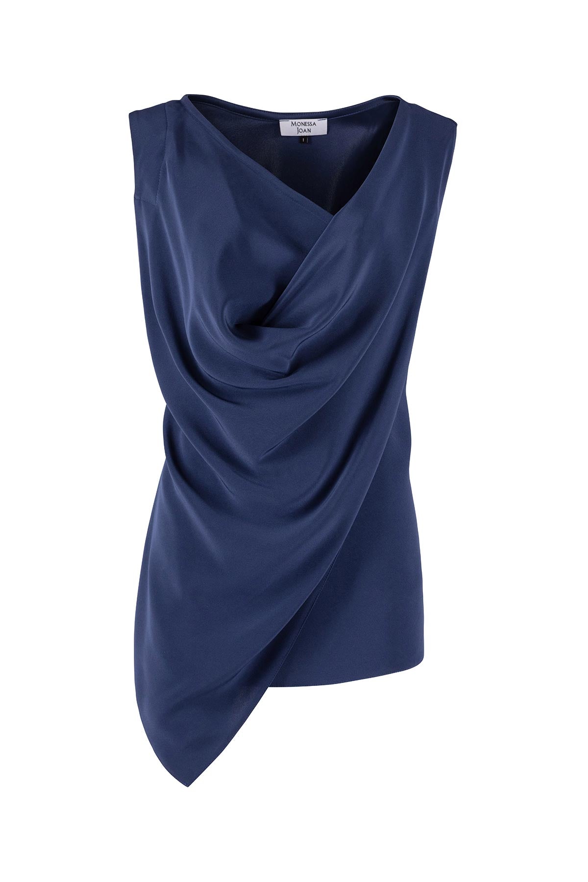 Navy blue sleeveless top with draped design on a white background