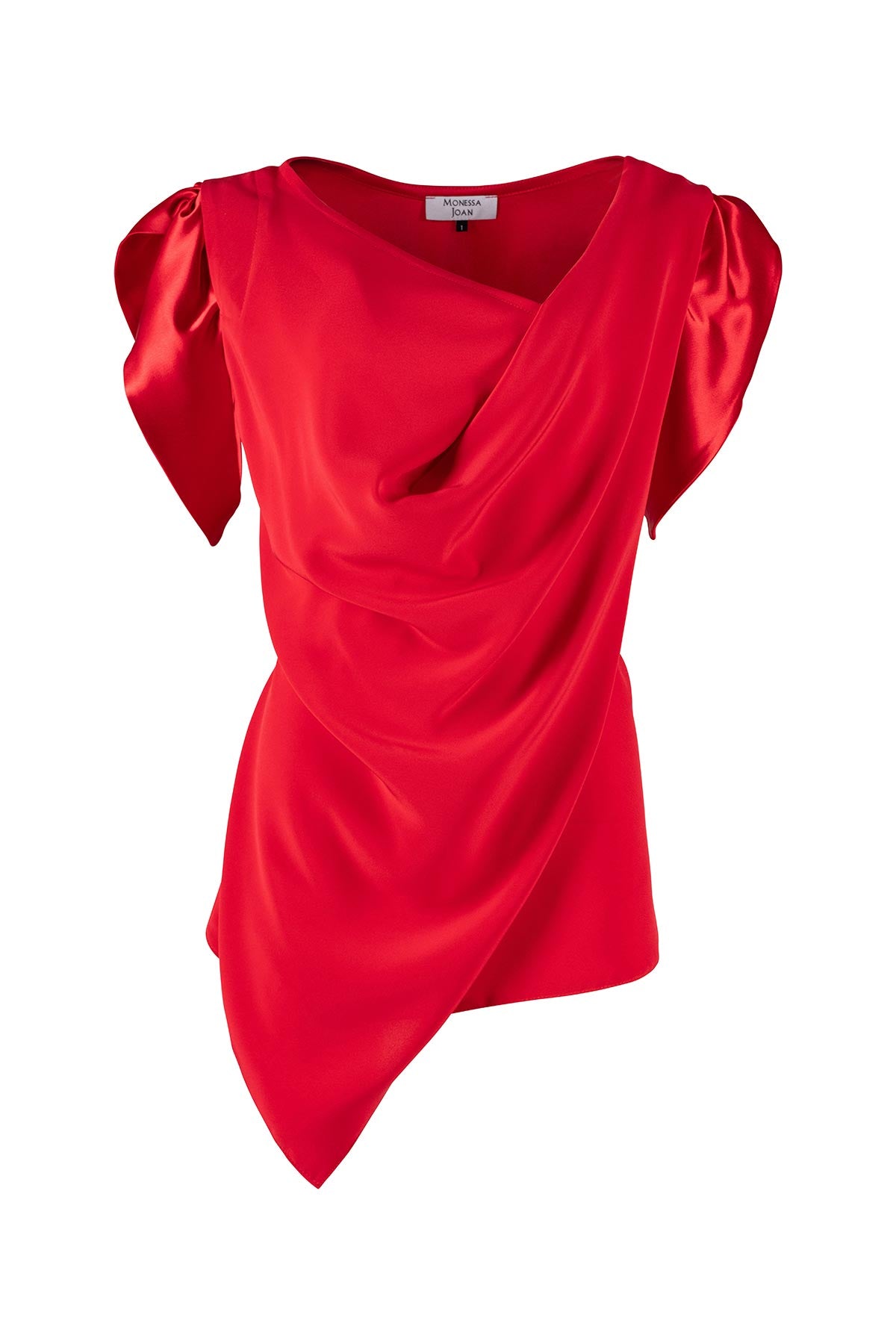 Red satin top with draped design on a white background