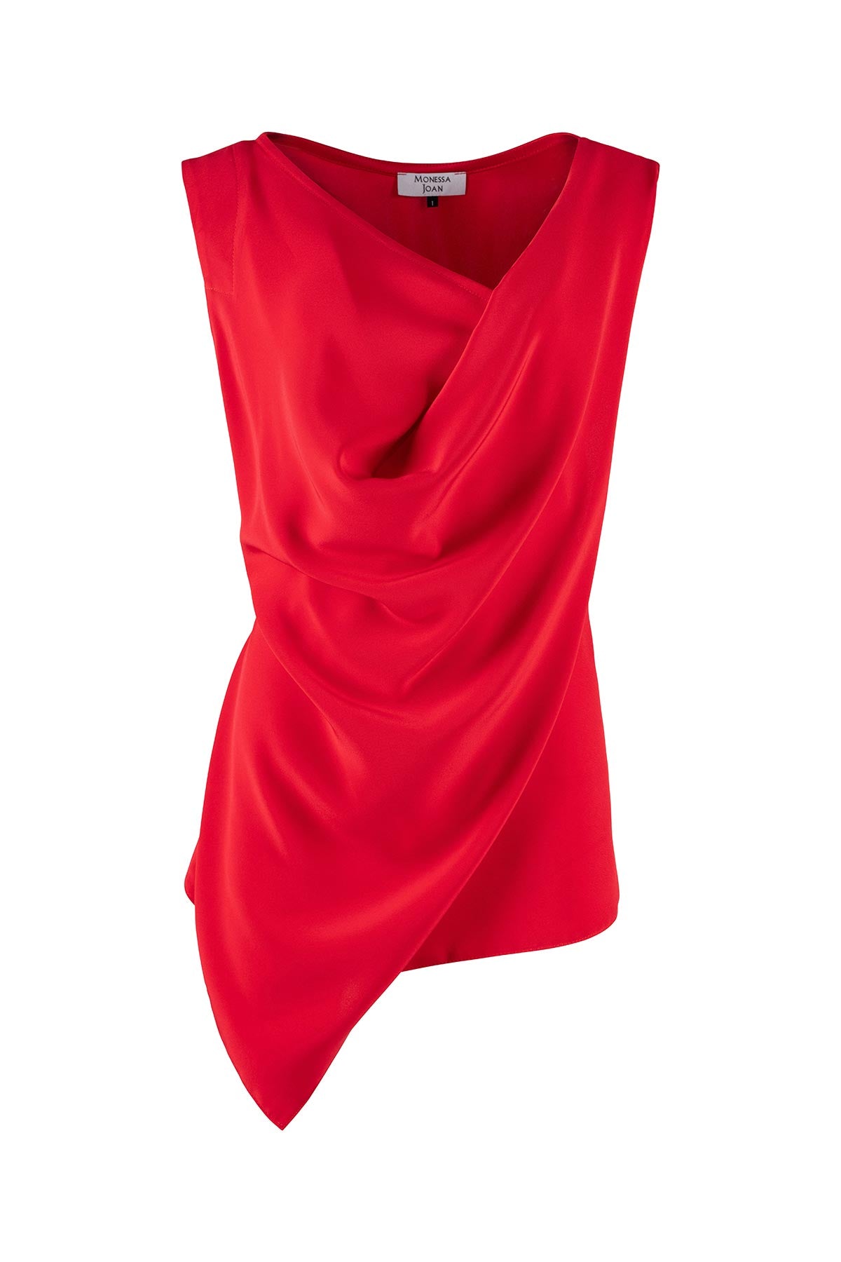 Red sleeveless top with draped design on a white background