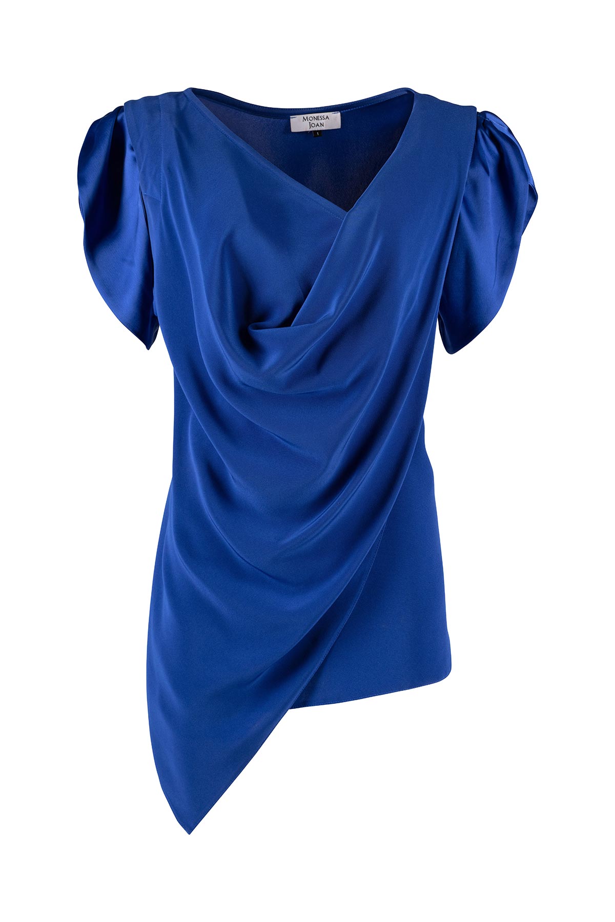 Blue top with draped design on a white background