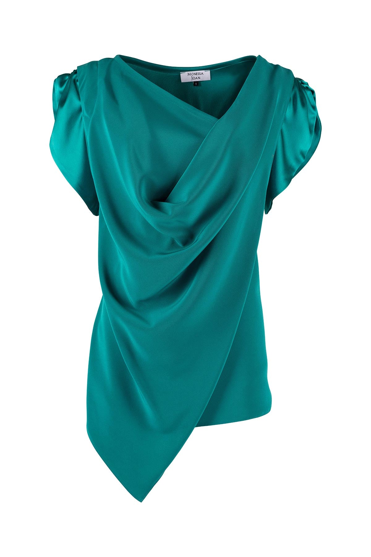 Teal blouse with draped design on a white background