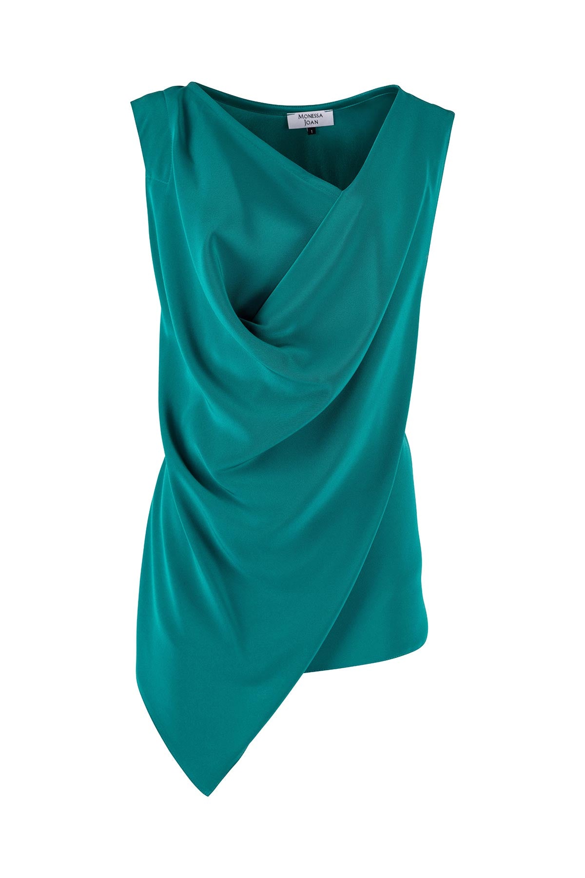 Teal sleeveless top with draped design on a white background