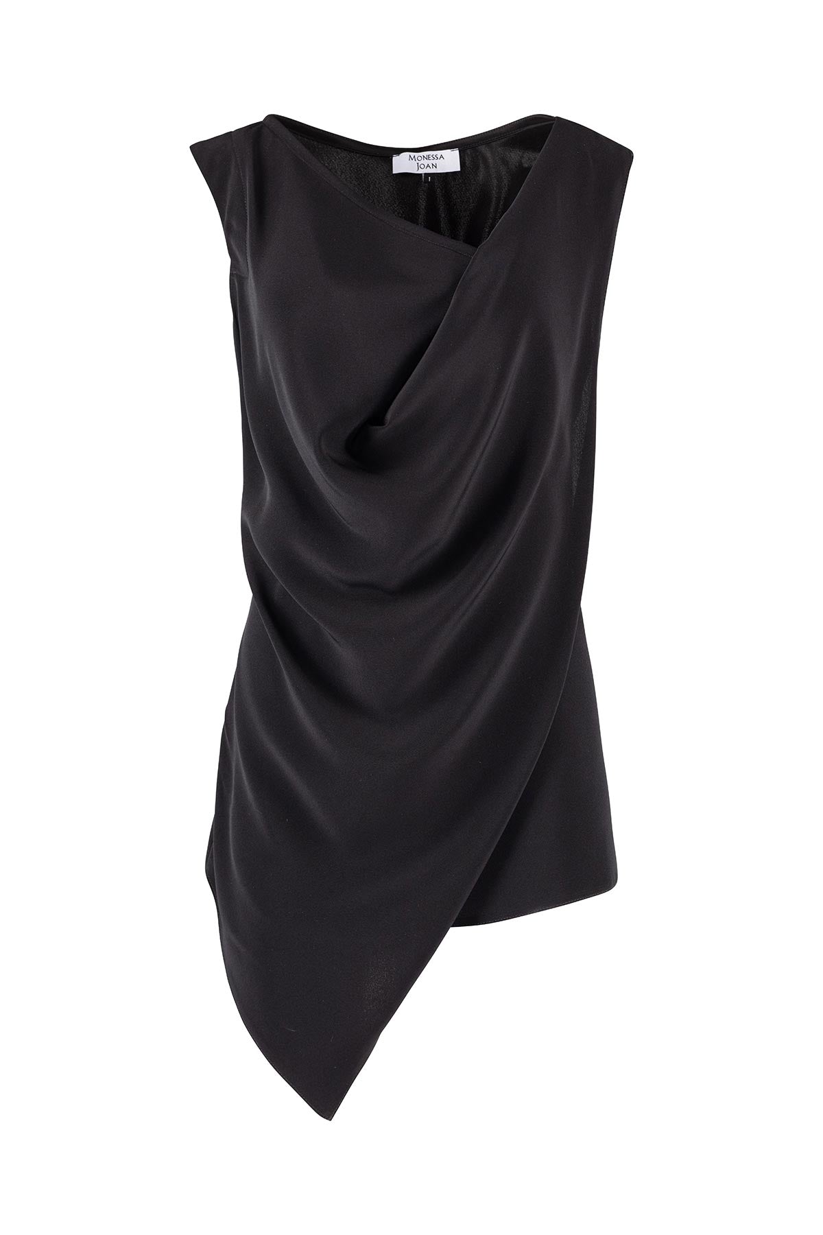 Black sleeveless top with draped design on a white background