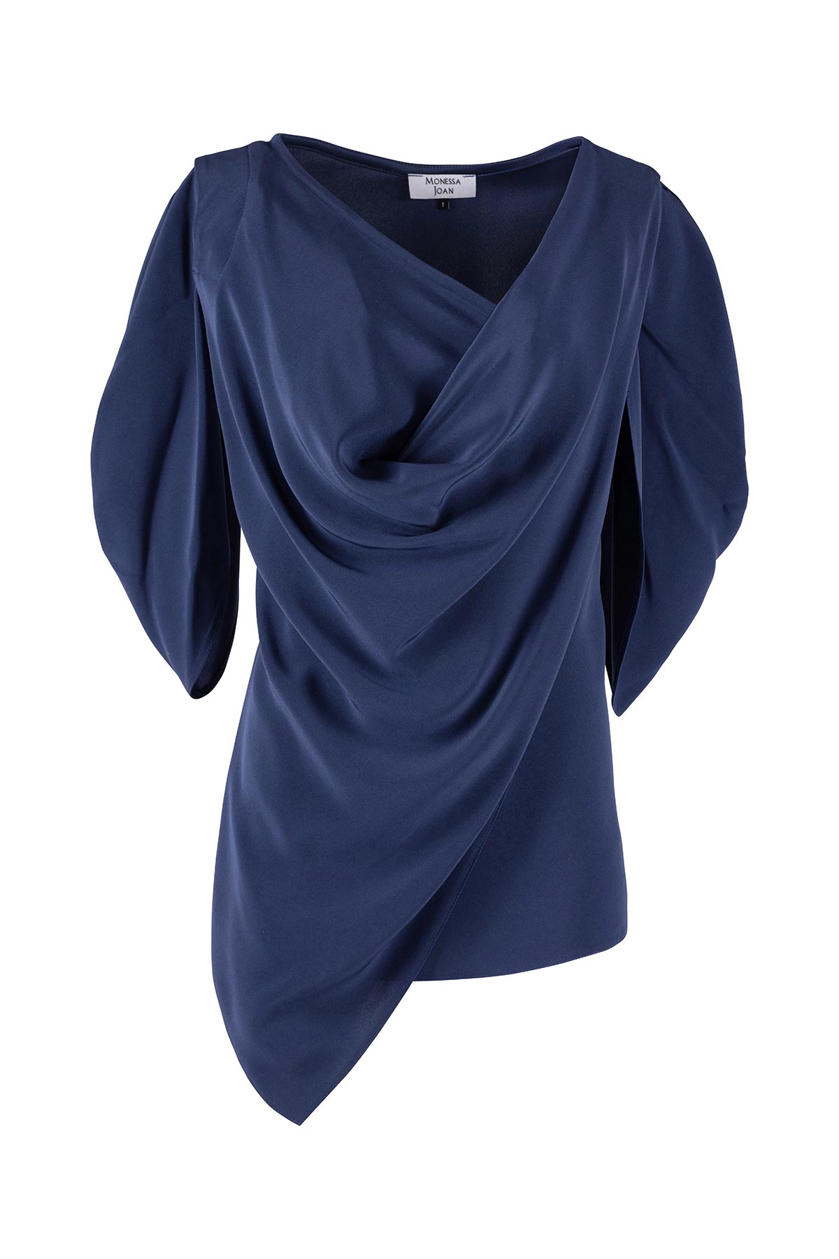 Navy blue draped top on a white background