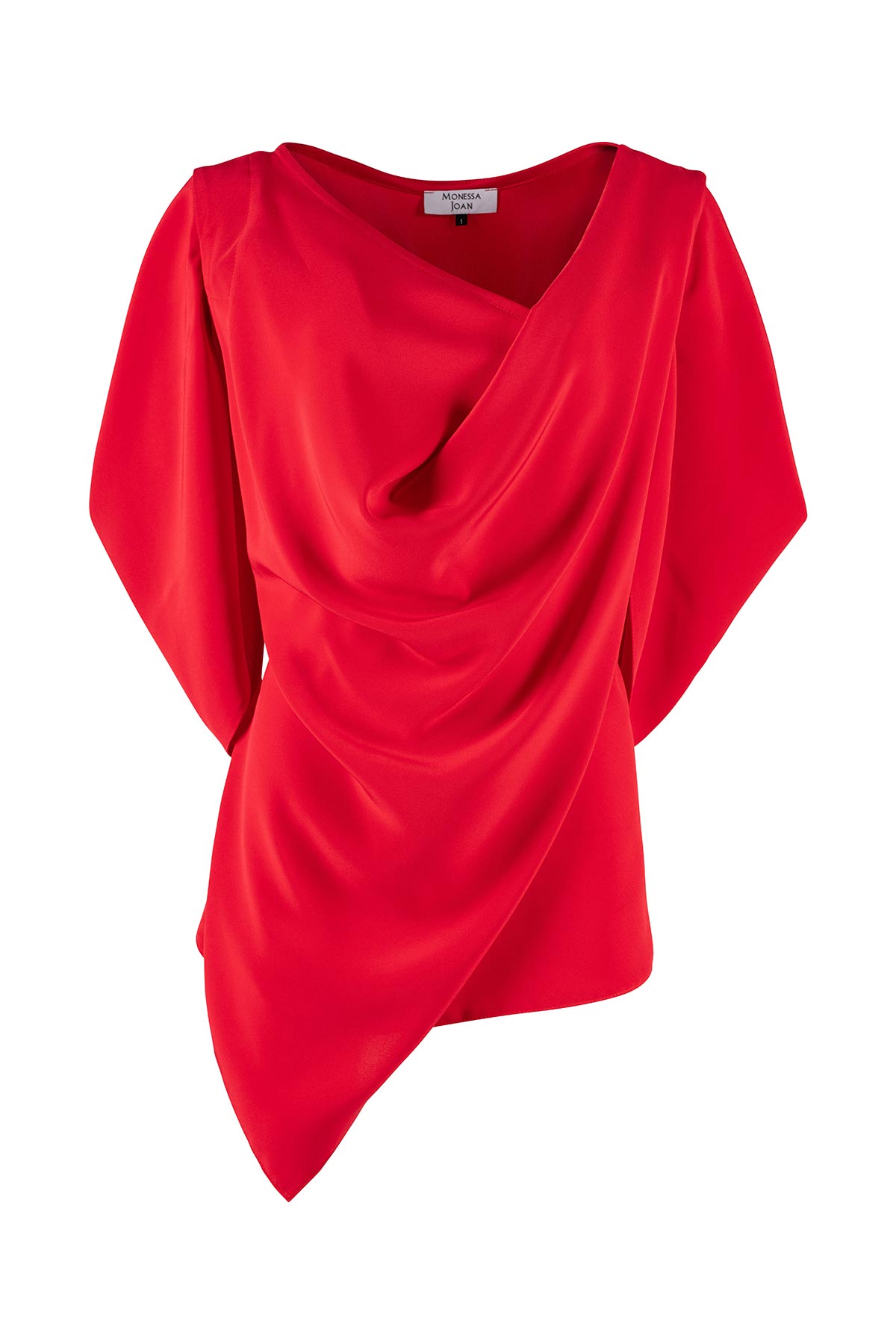 Red blouse with a draped design on a white background