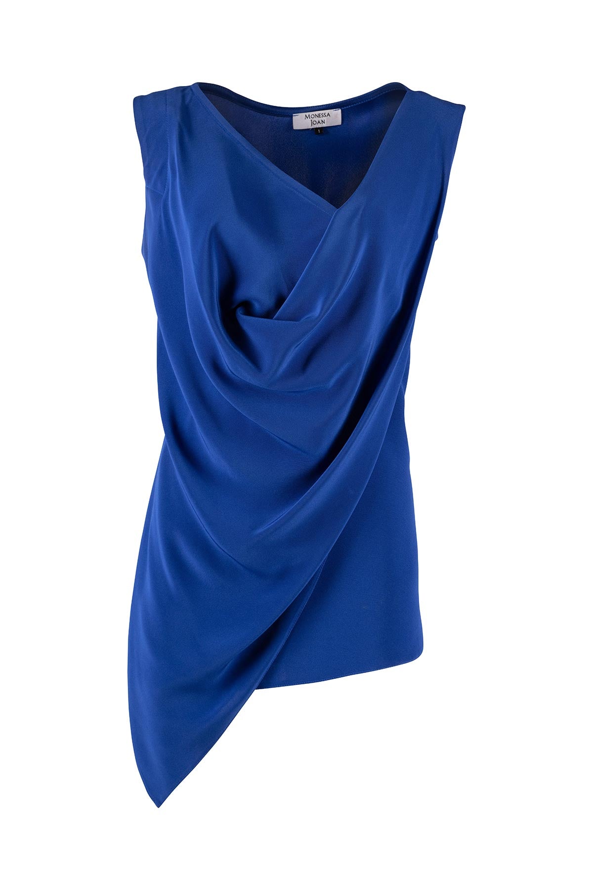 Blue sleeveless top with draped design on a white background