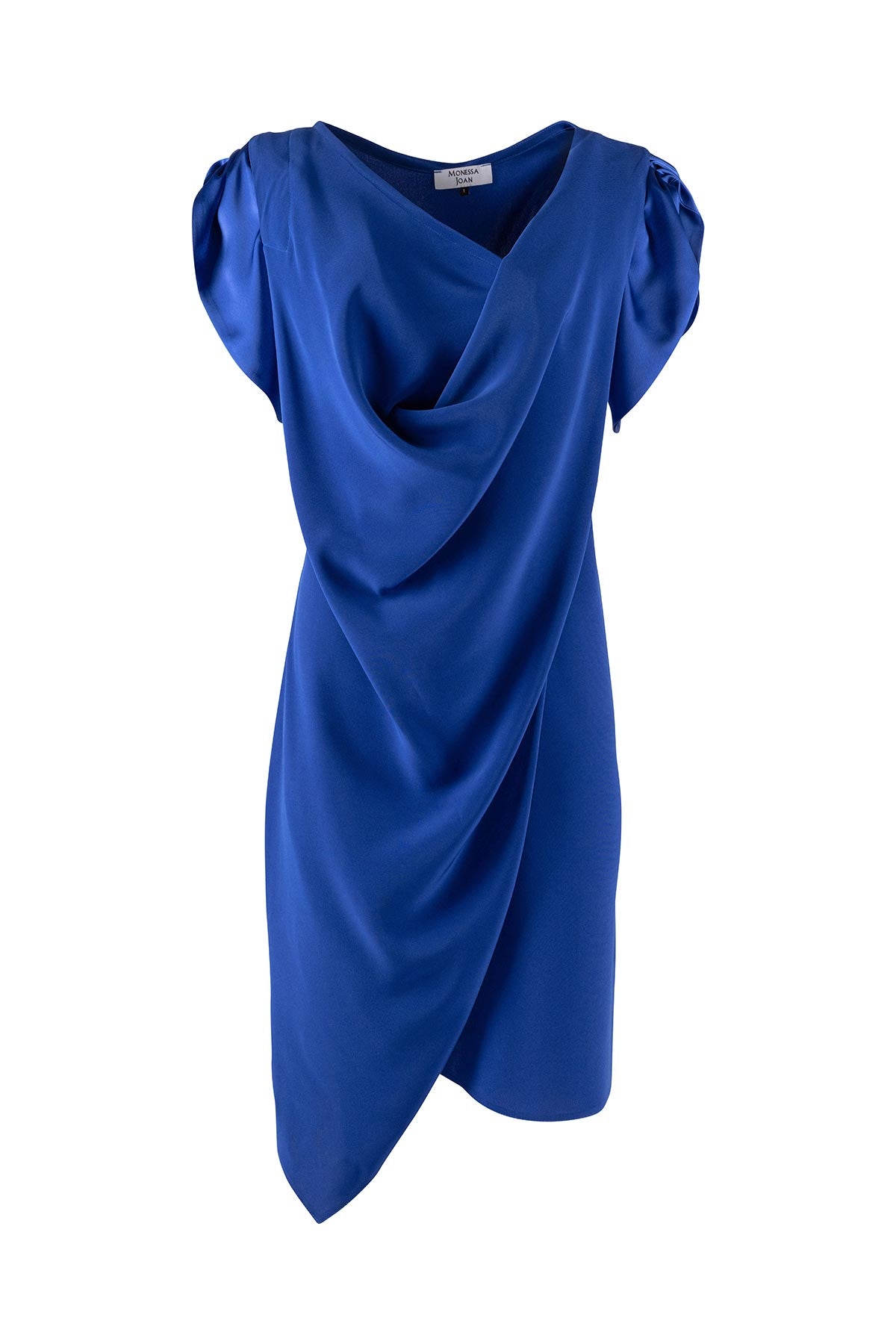 Blue dress with draped design on a white background