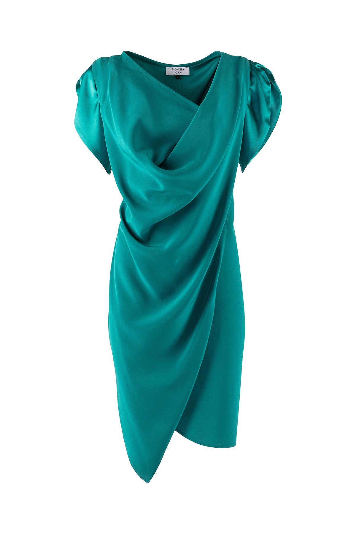 Teal dress with draped design on a white background