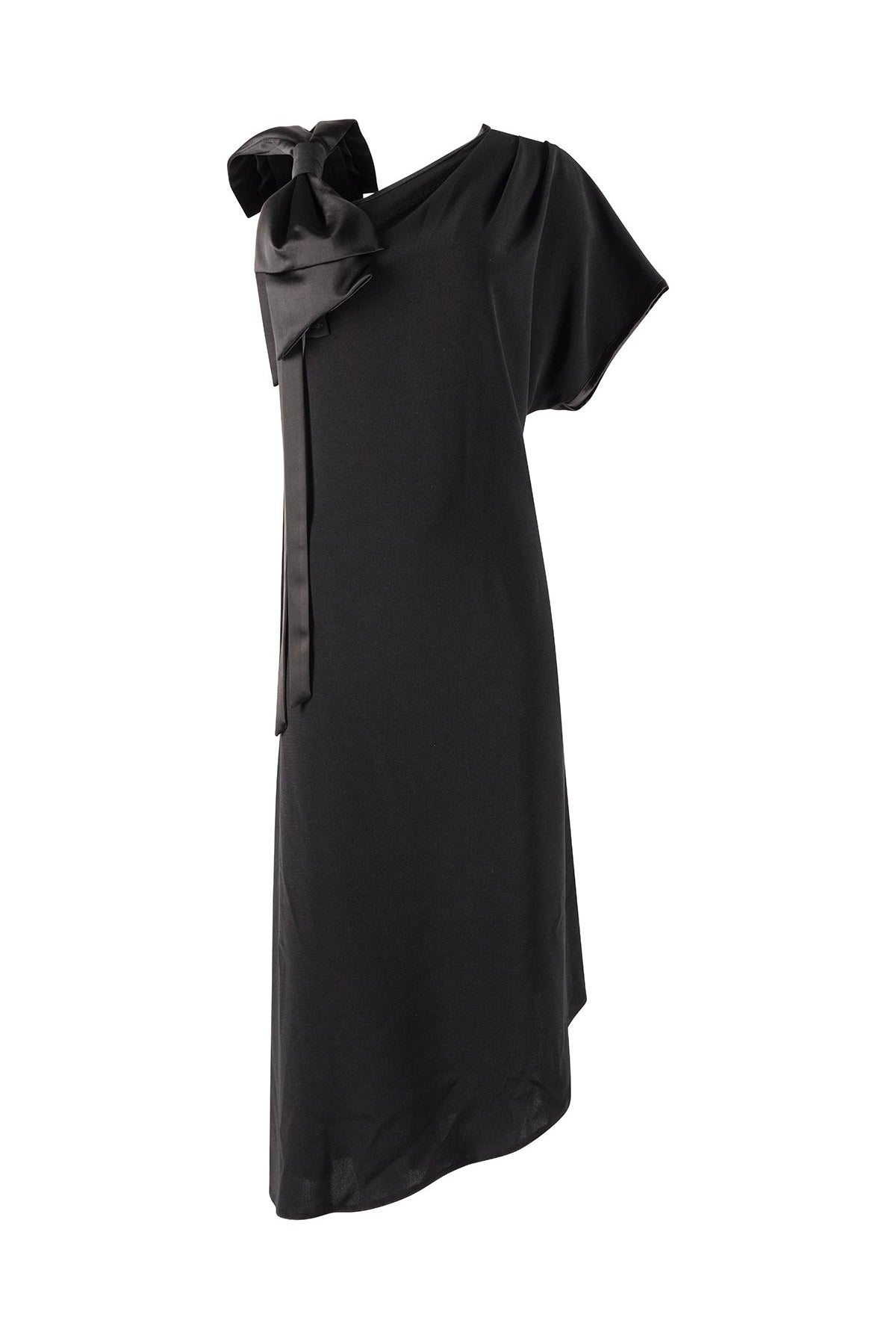 Black one-shoulder dress with a bow detail on a white background