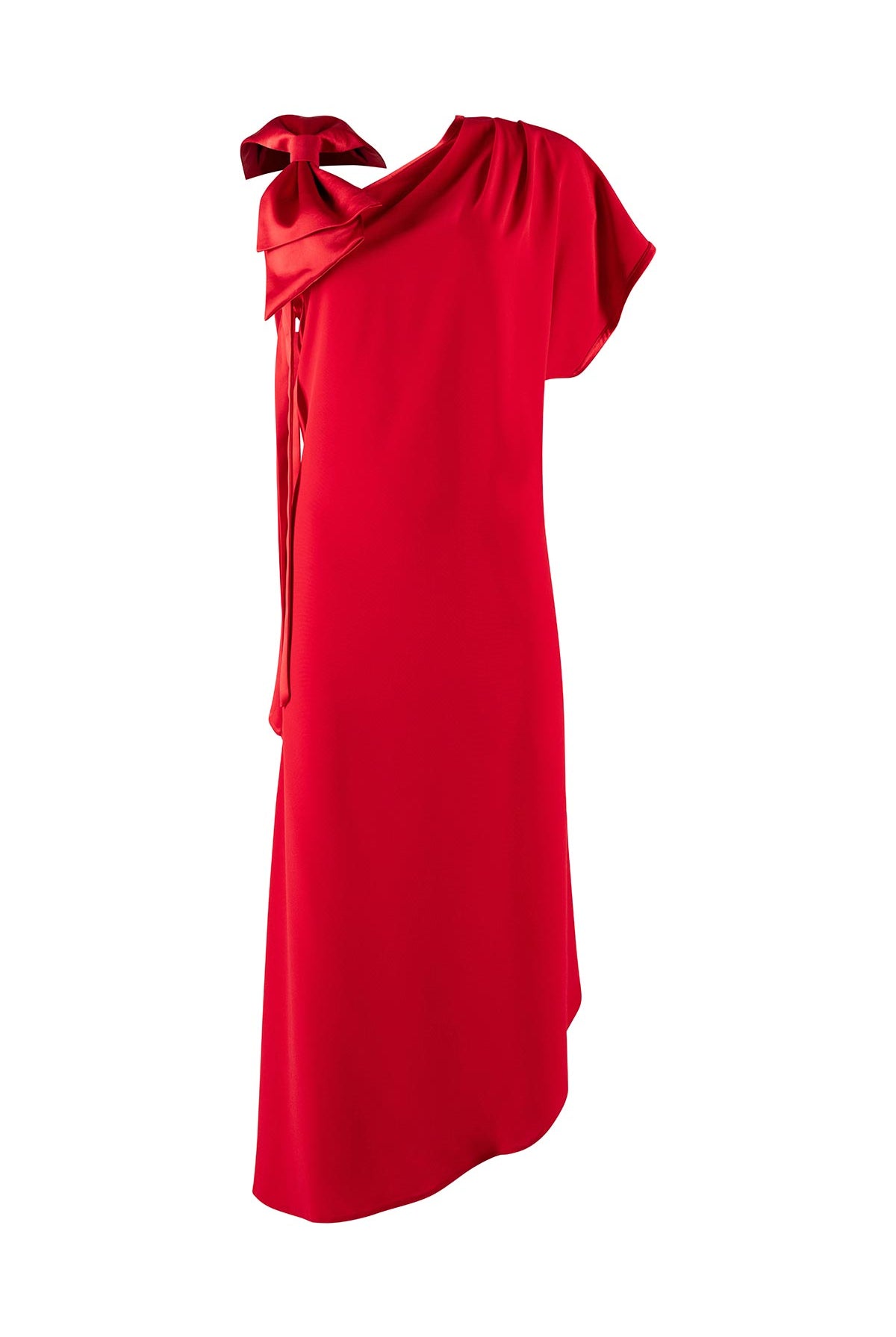 Red one-shoulder dress with a shoulder bow on a white background