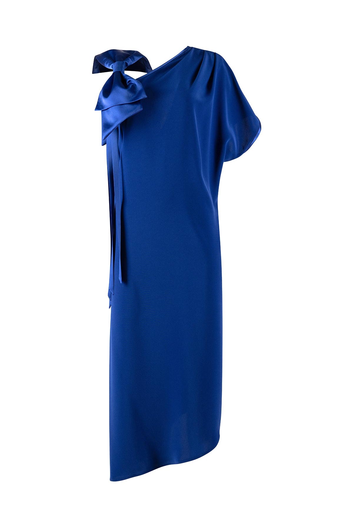 Blue one-shoulder dress with a bow detail on a white background