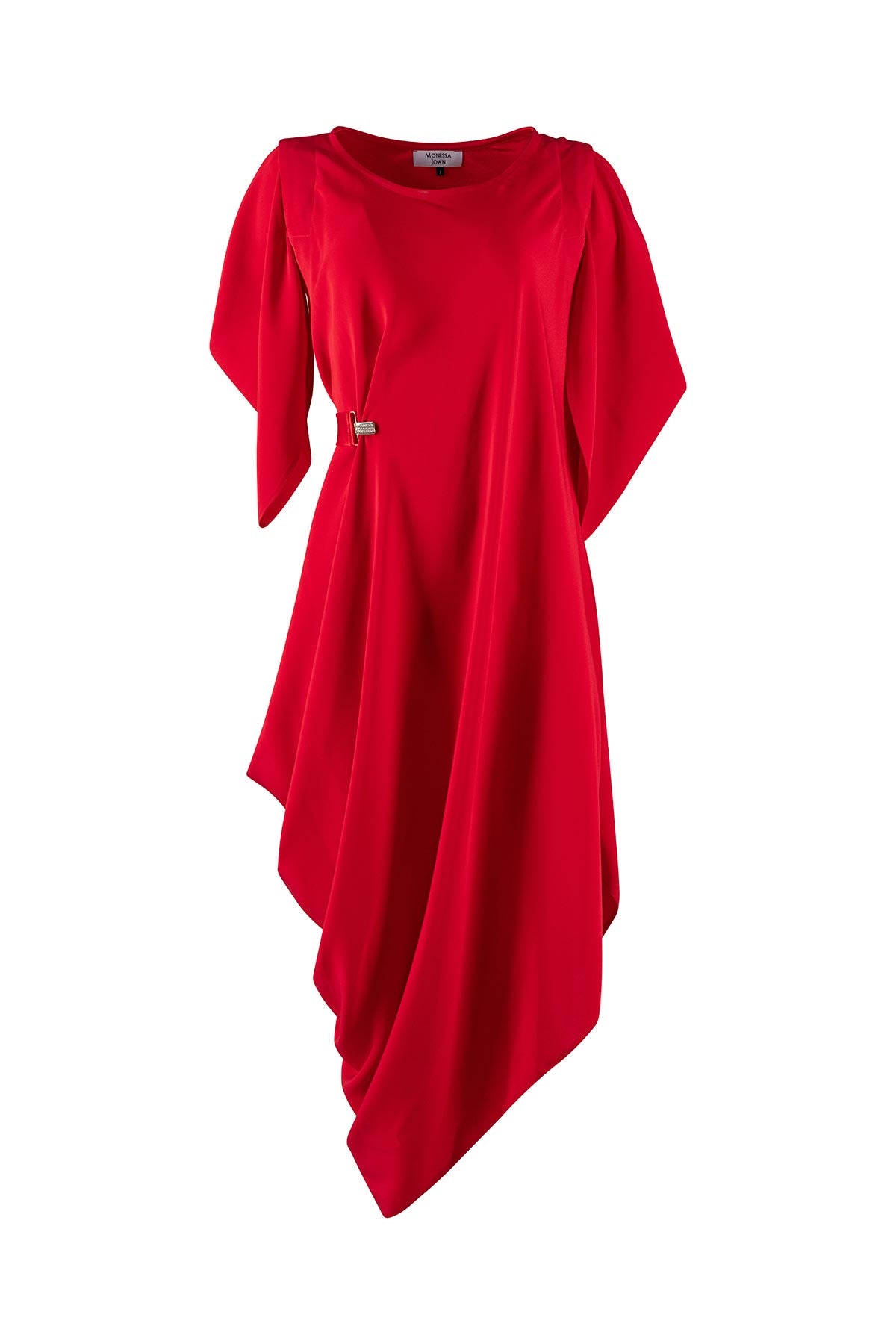 Red dress with a belt and a unique cutout design on a white background