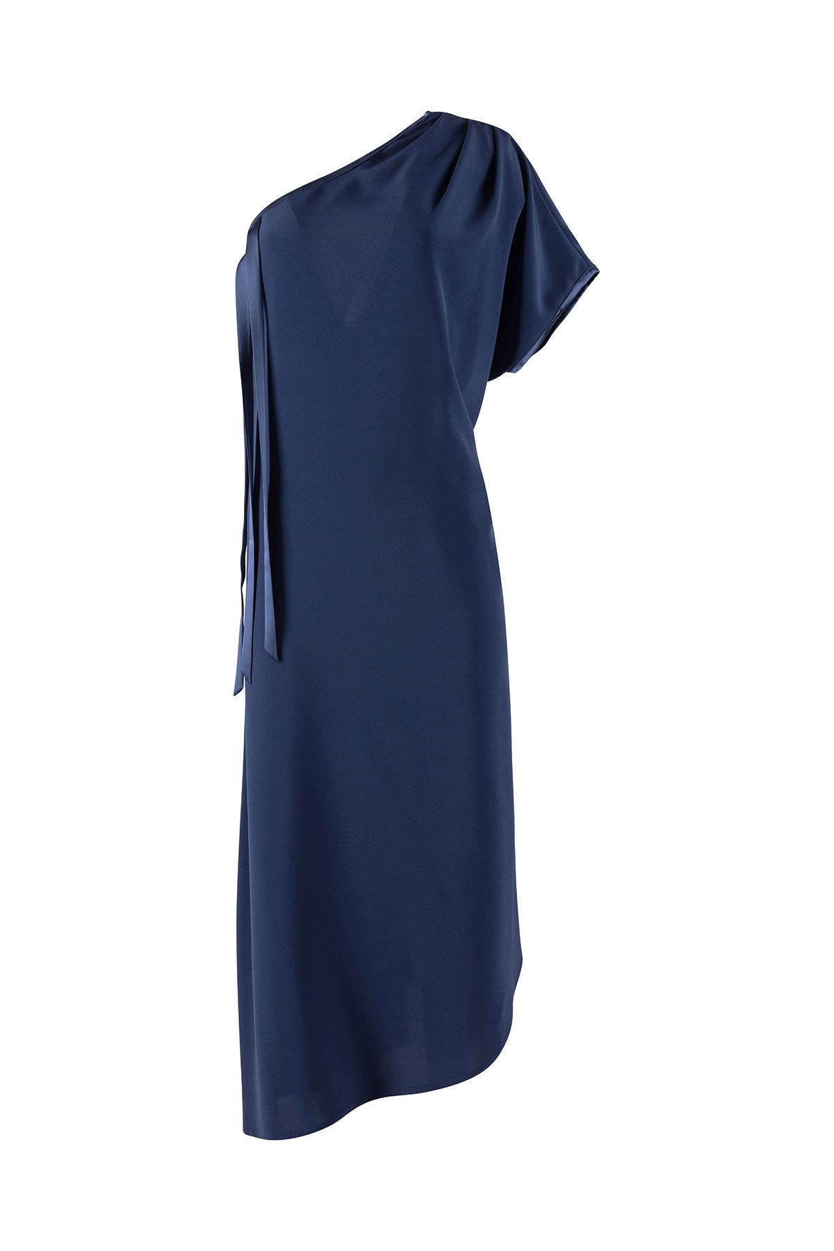 Navy one-shoulder dress on a white background
