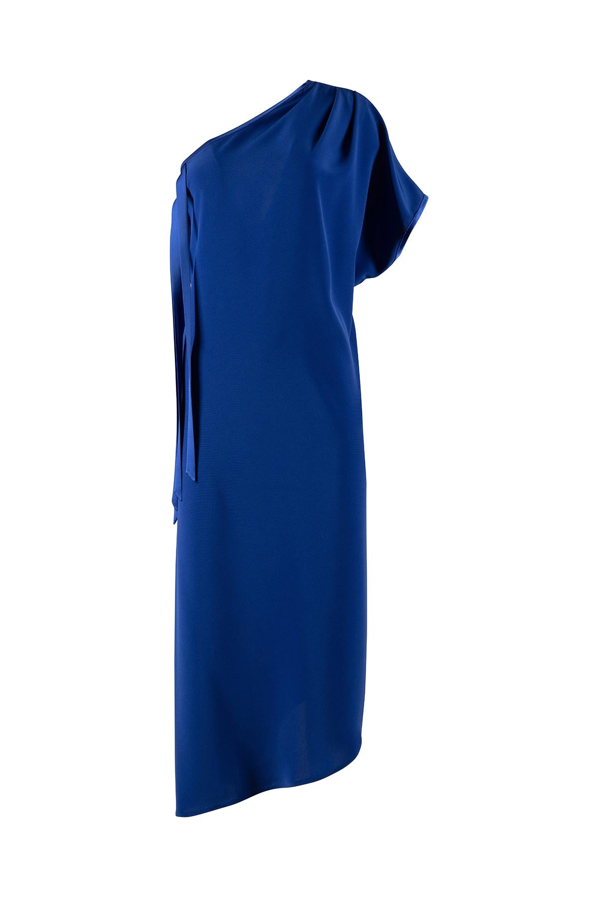 Blue one-shoulder dress on a white background