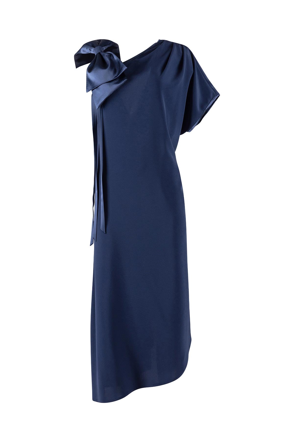 Navy blue one-shoulder dress with a draped effect on a white background