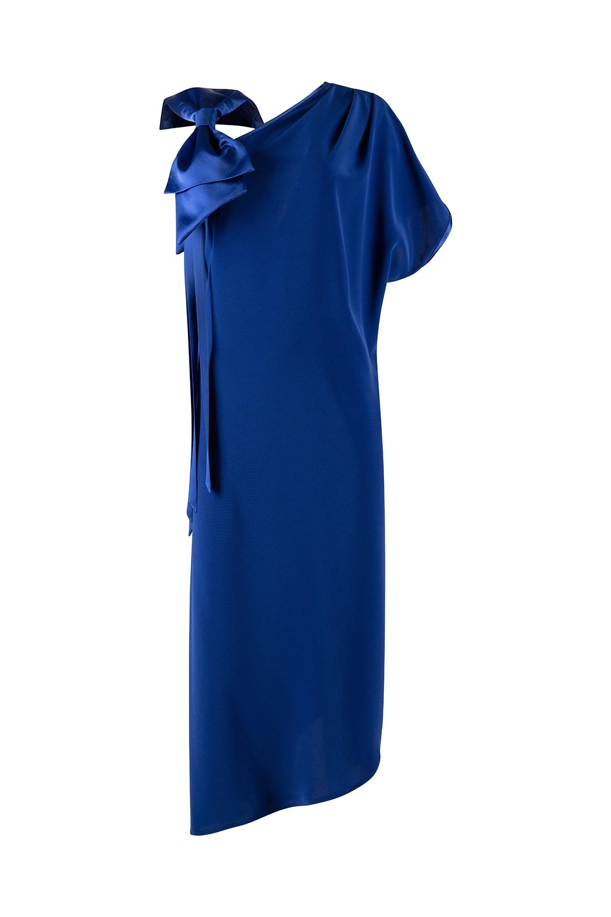 Blue one-shoulder dress with a bow detail on a white background