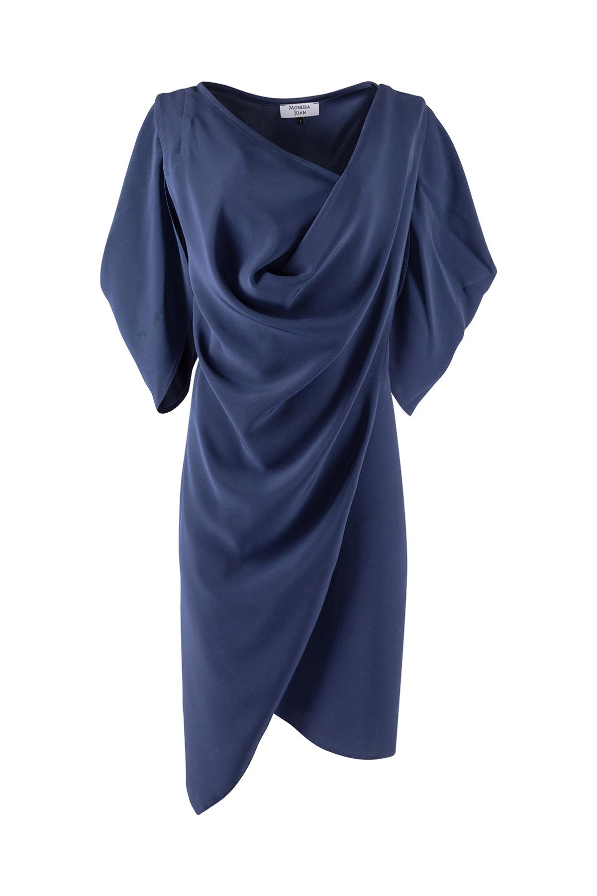 Navy blue draped dress on a white background