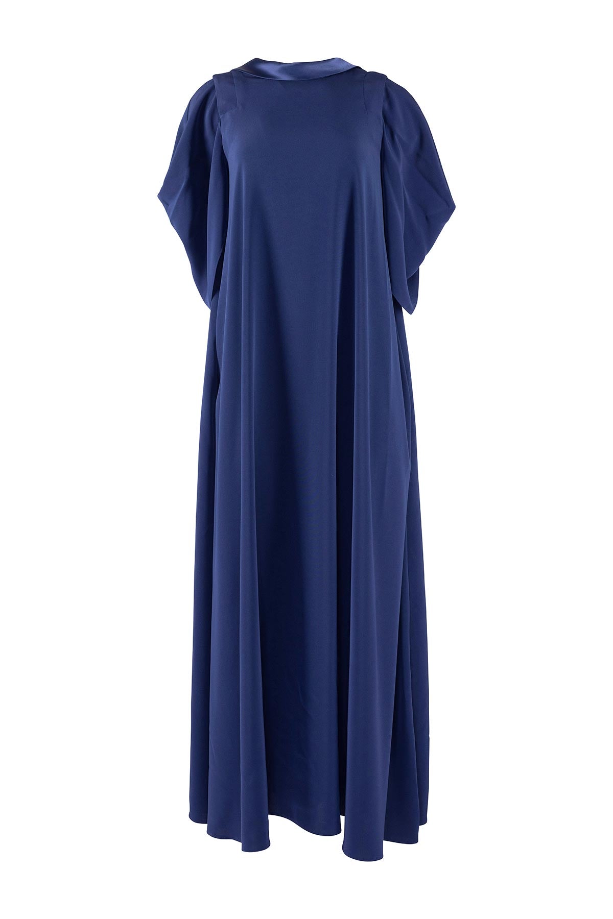 Navy blue dress with puff sleeves on a white background