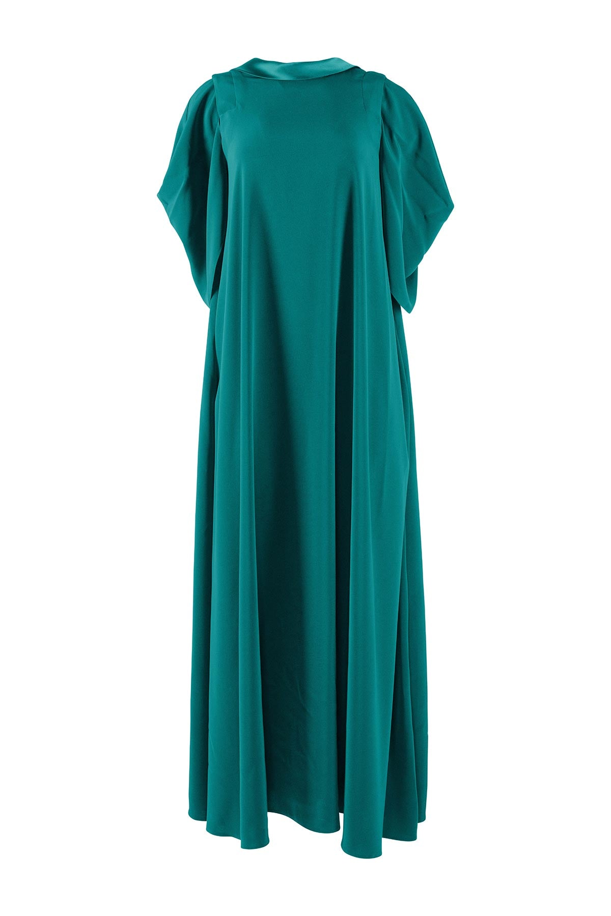 Teal dress with puff sleeves on a white background