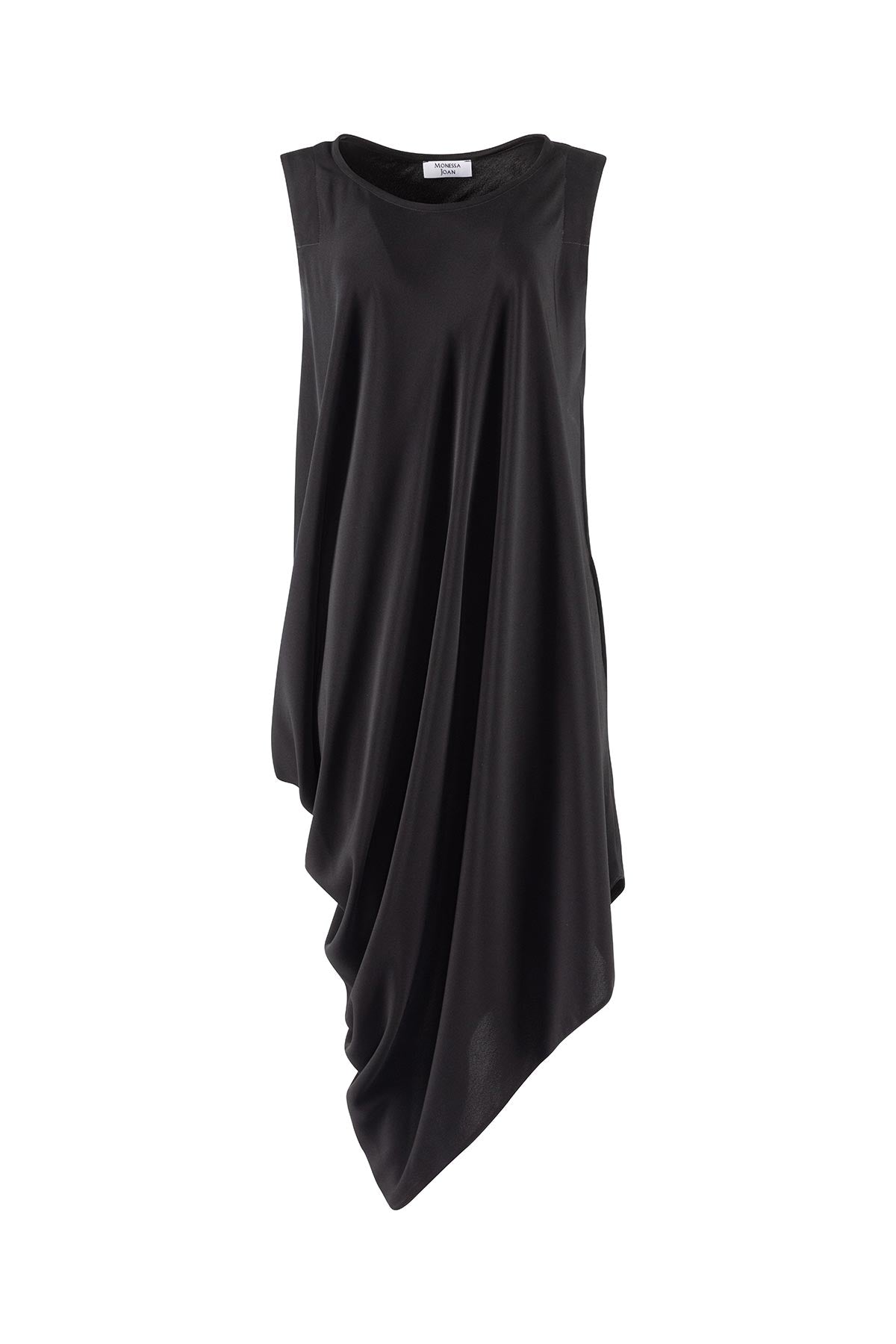 Black sleeveless dress with draped front on a white background