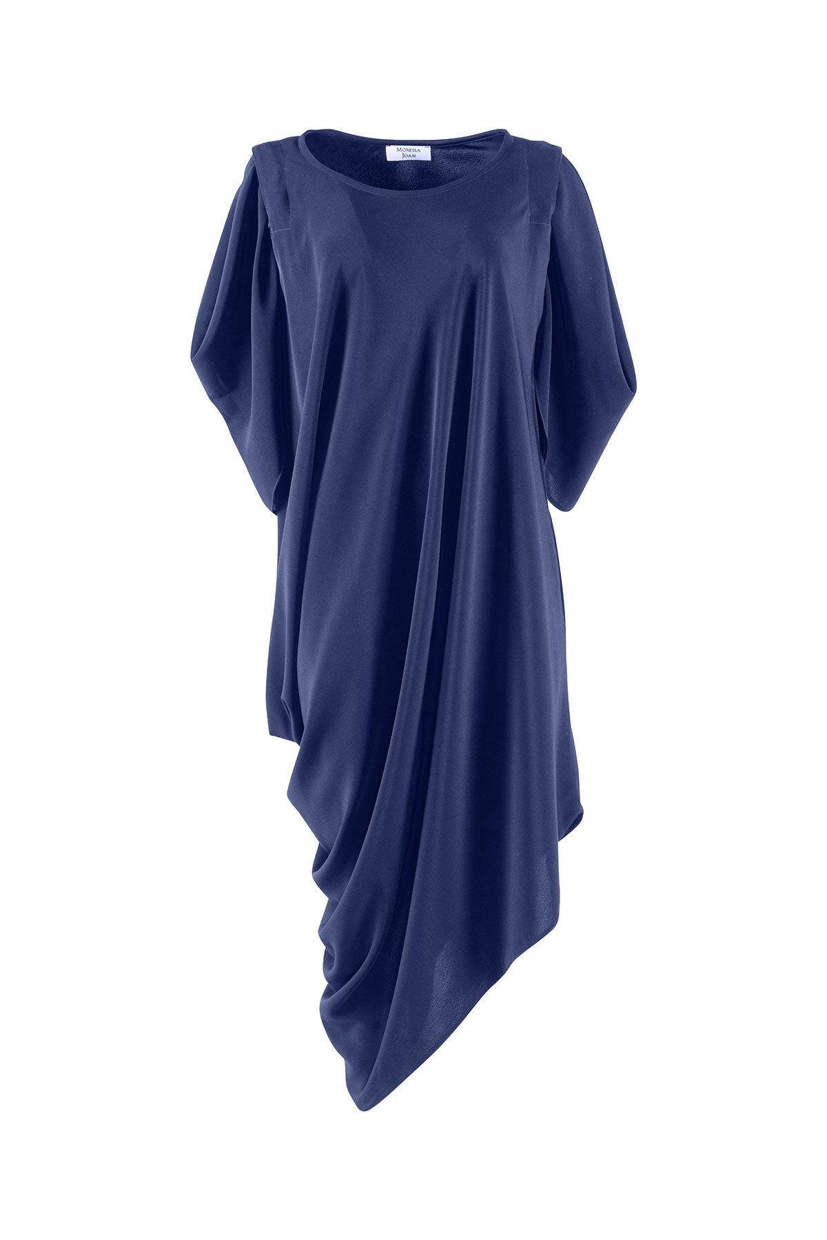Navy blue draped dress on a white background