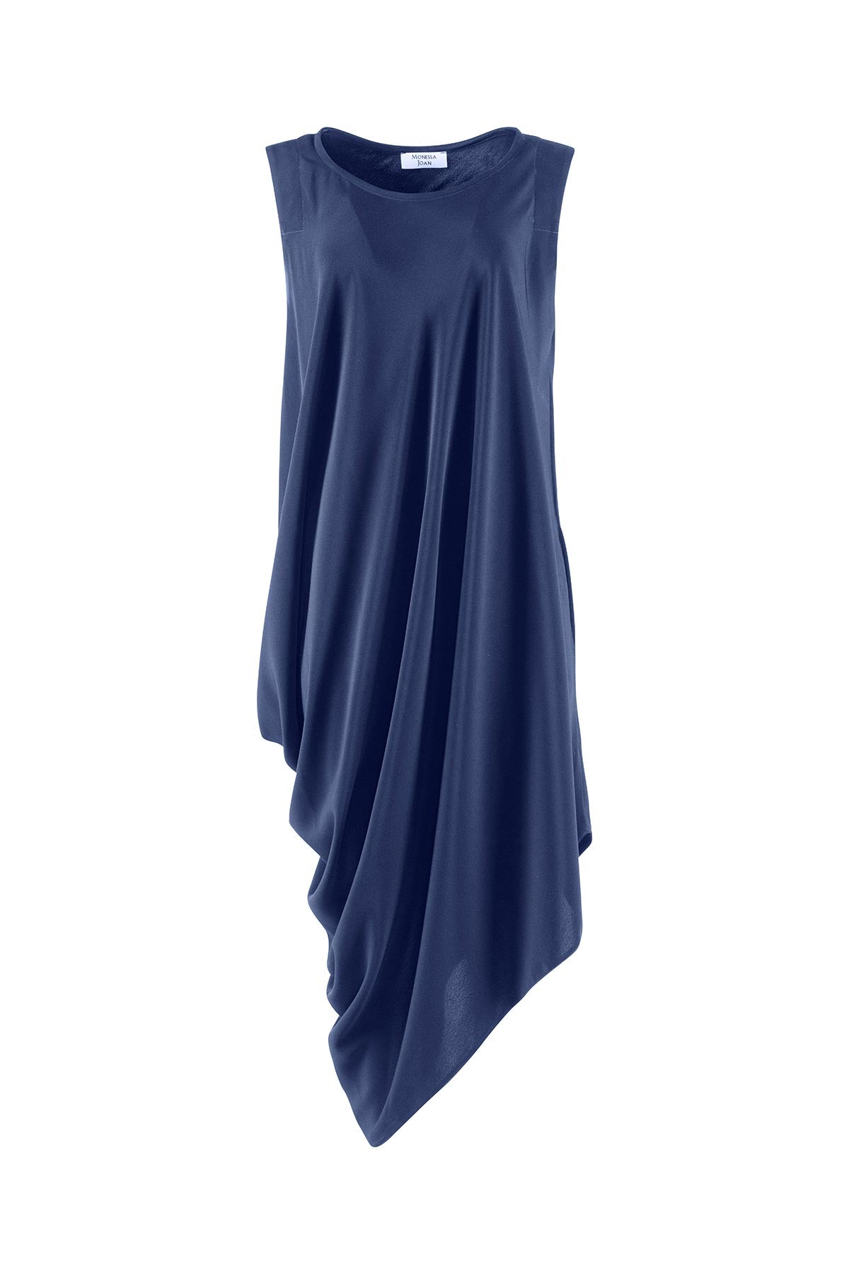 Navy blue sleeveless dress with draped front on a white background