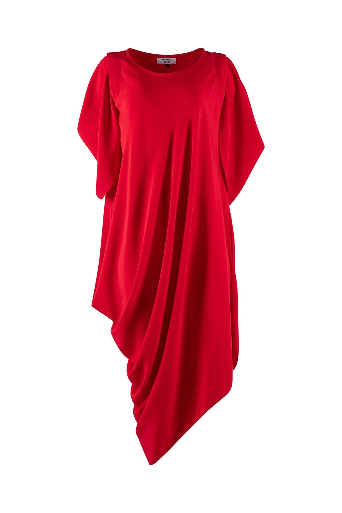Red dress with a draped design on a white background