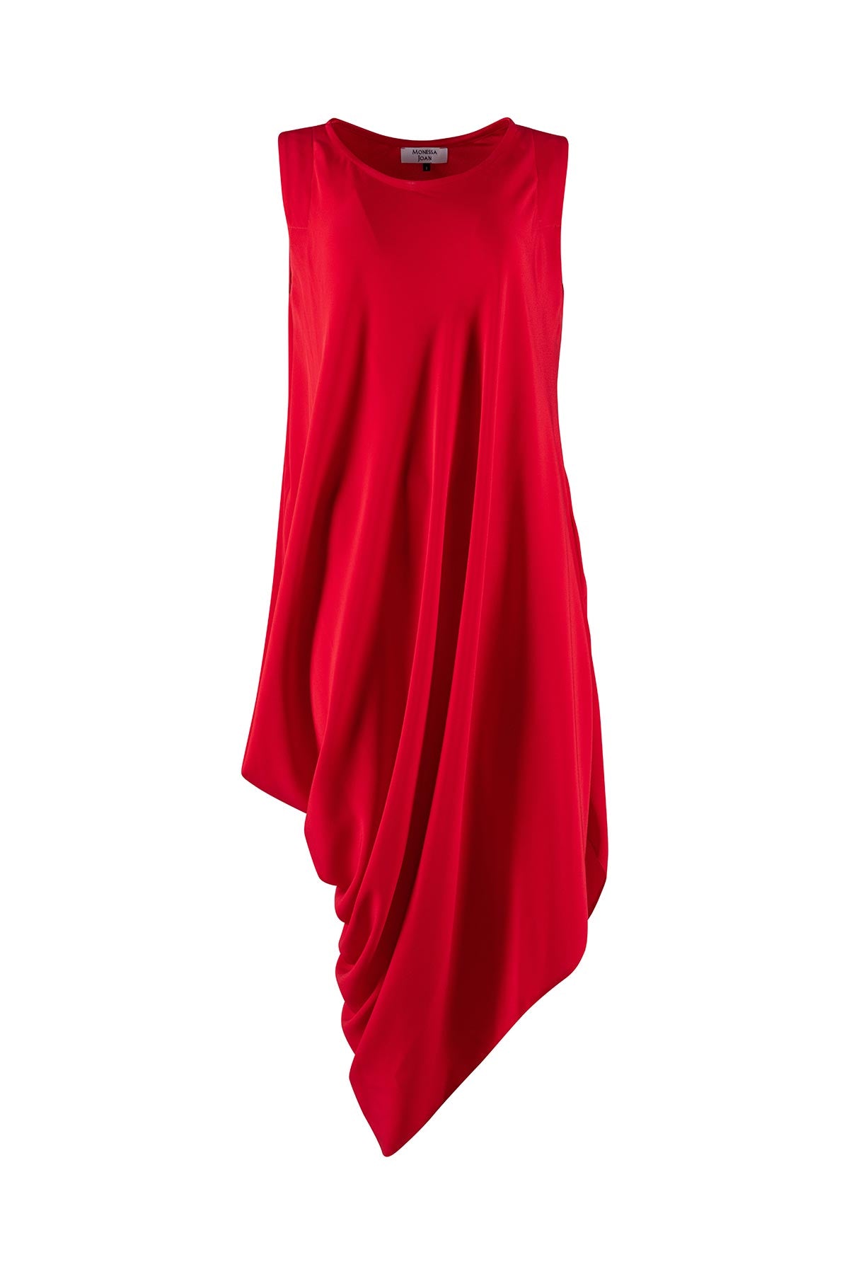 Red sleeveless dress with a draped design on a white background
