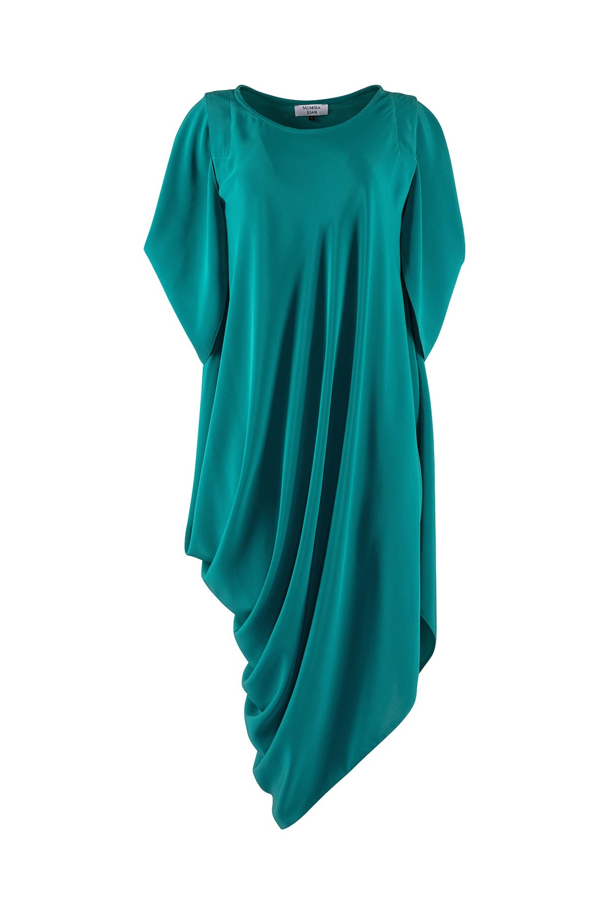 Teal sleeveless dress with draped front on a white background
