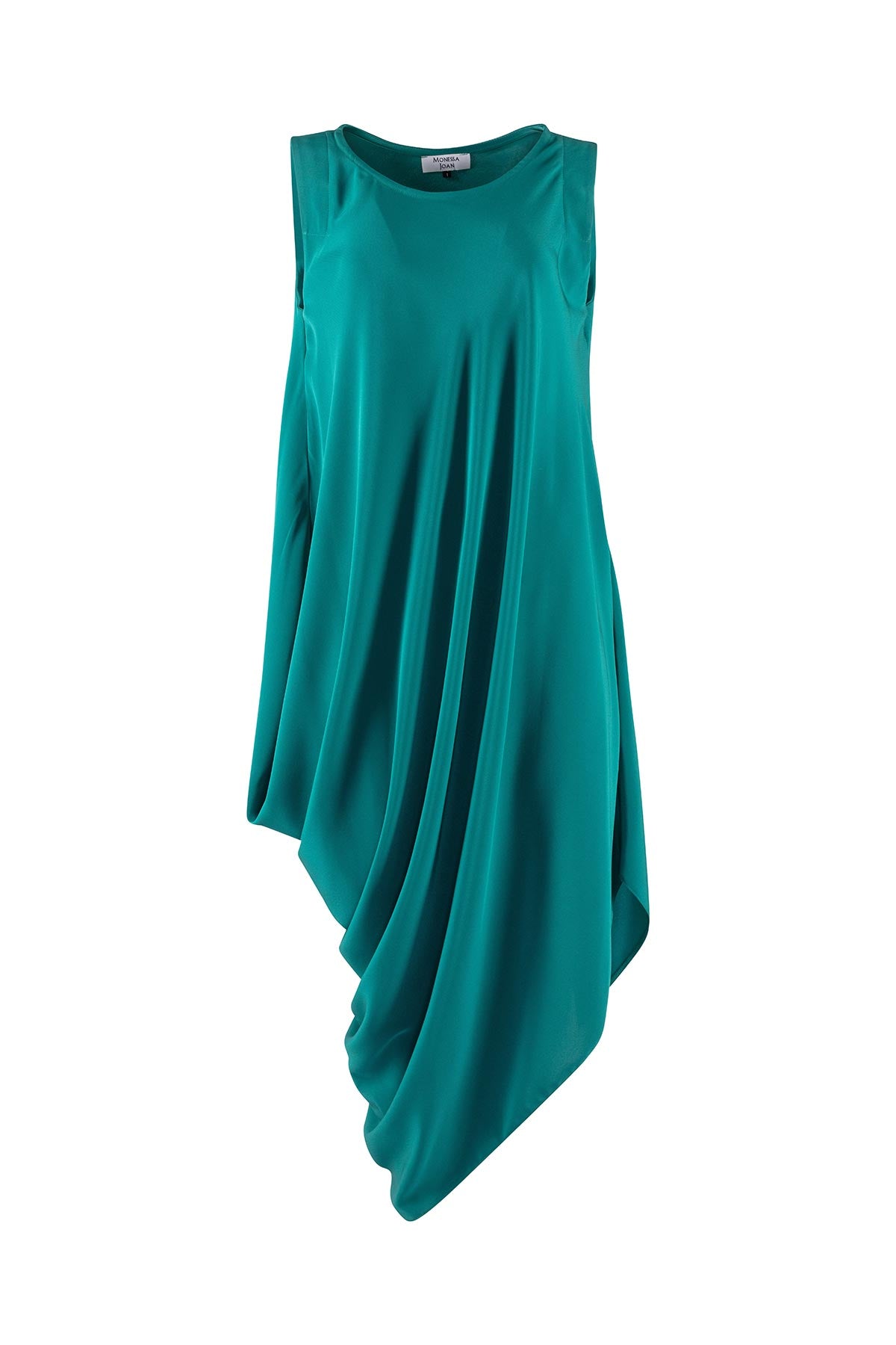Teal sleeveless dress with draped front on a white background