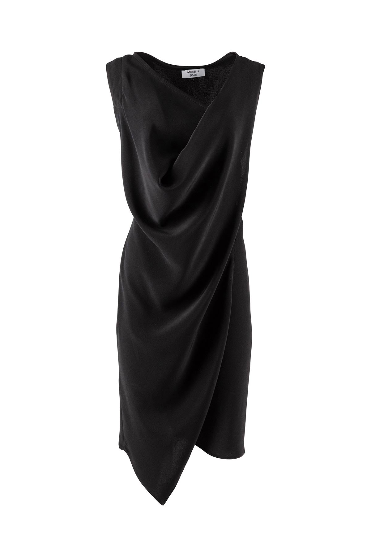 sleeveles black draped dress on a white background