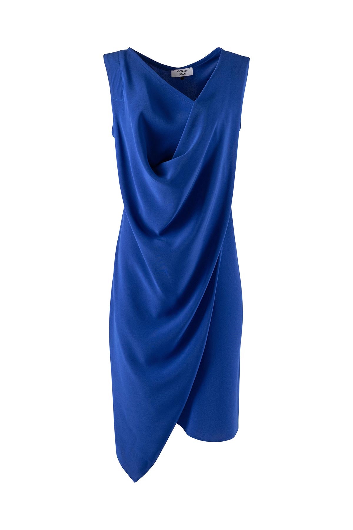 sleeveles blue draped dress on a white background