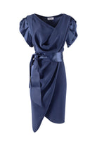 Blue dress with a draped design on a white background
