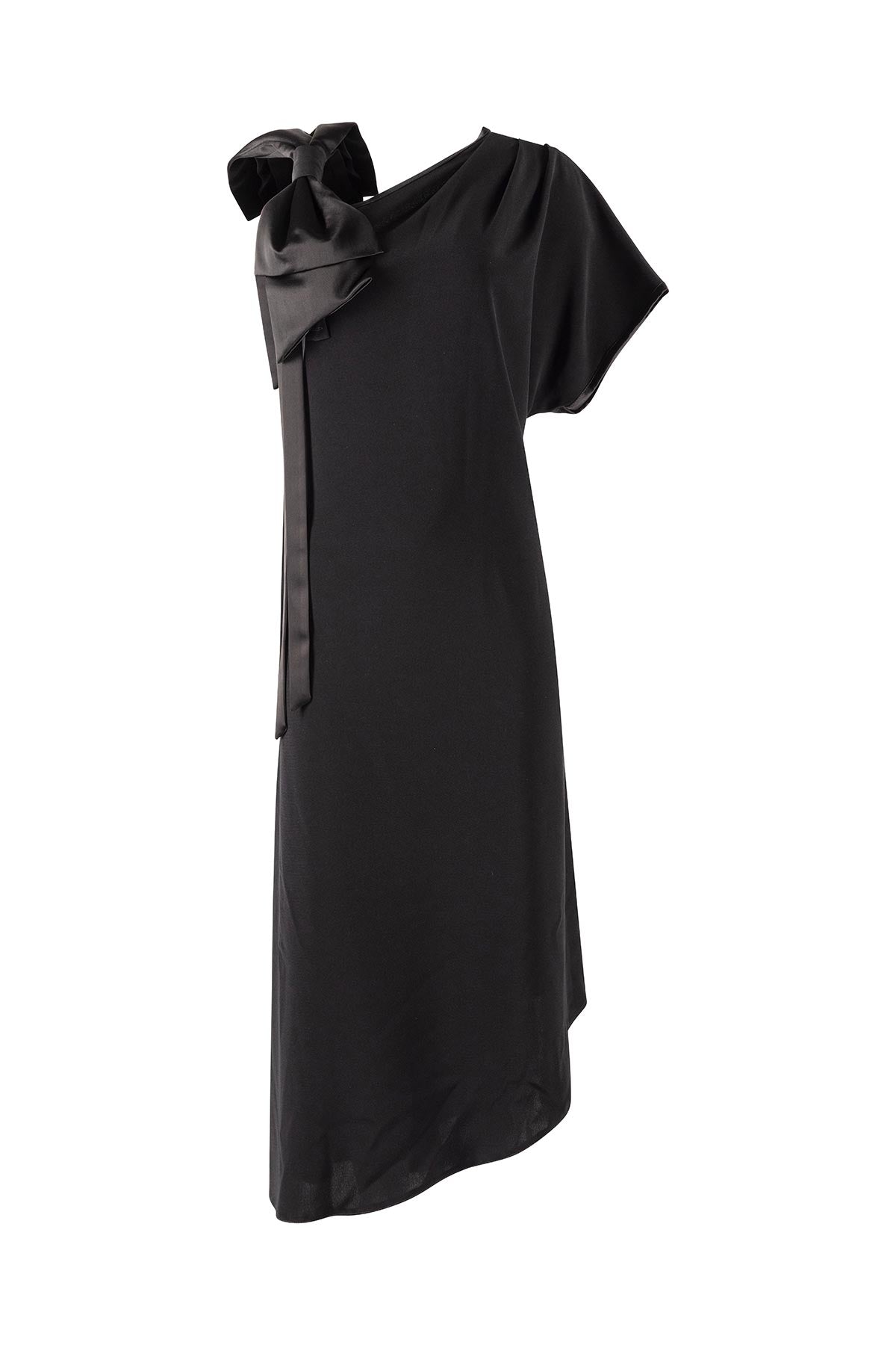 Black one-shoulder dress with a bow detail on a white background