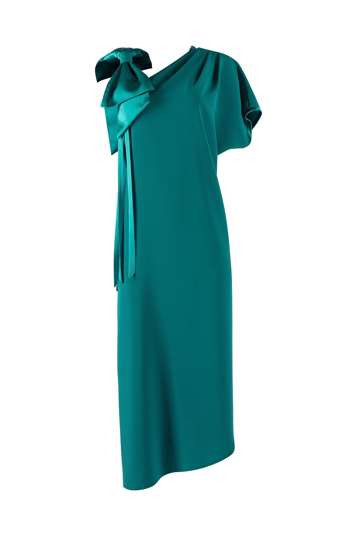 Teal dress with a bow detail on a white background