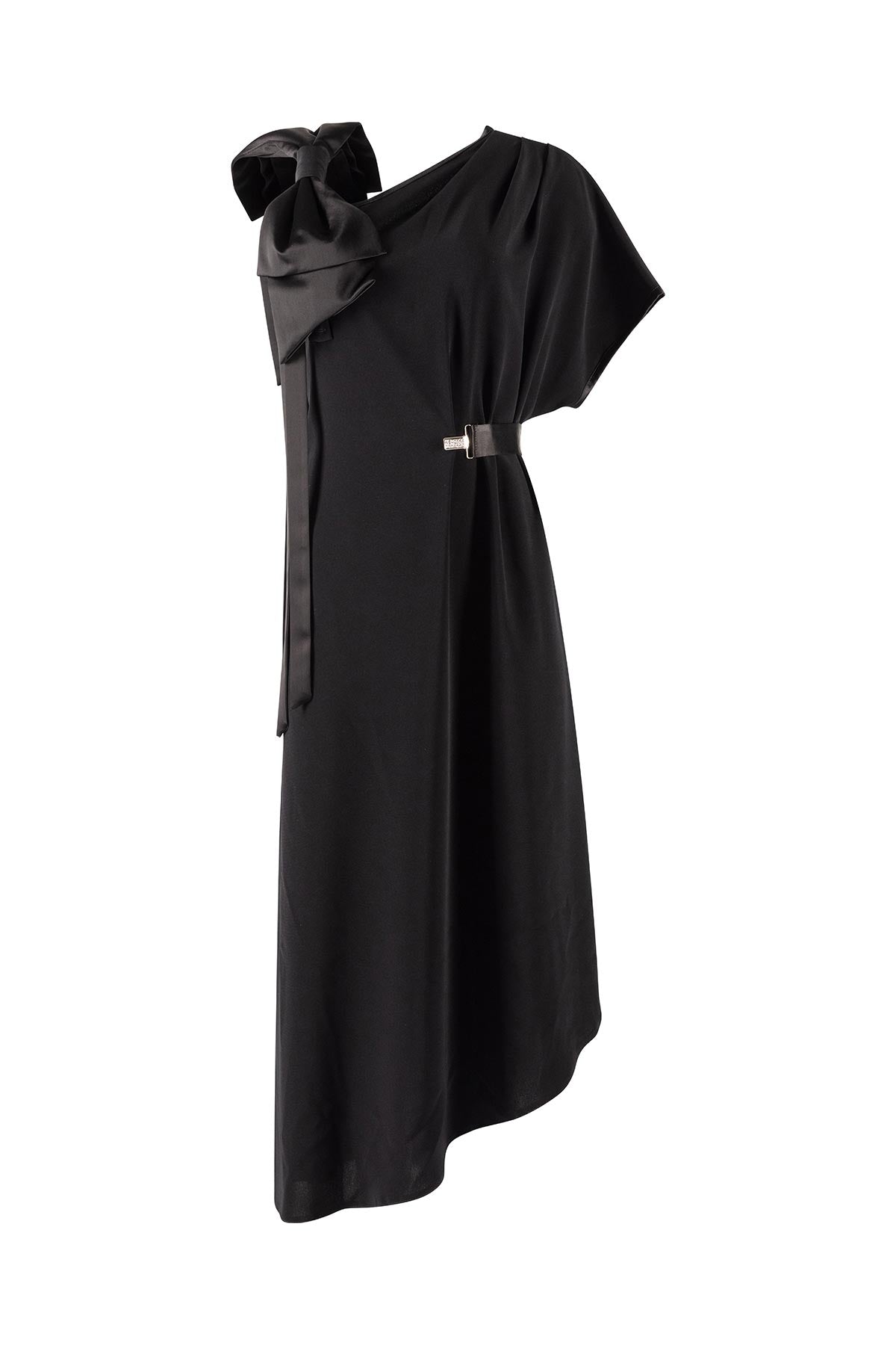 Black dress with a bow and a belt on a white background