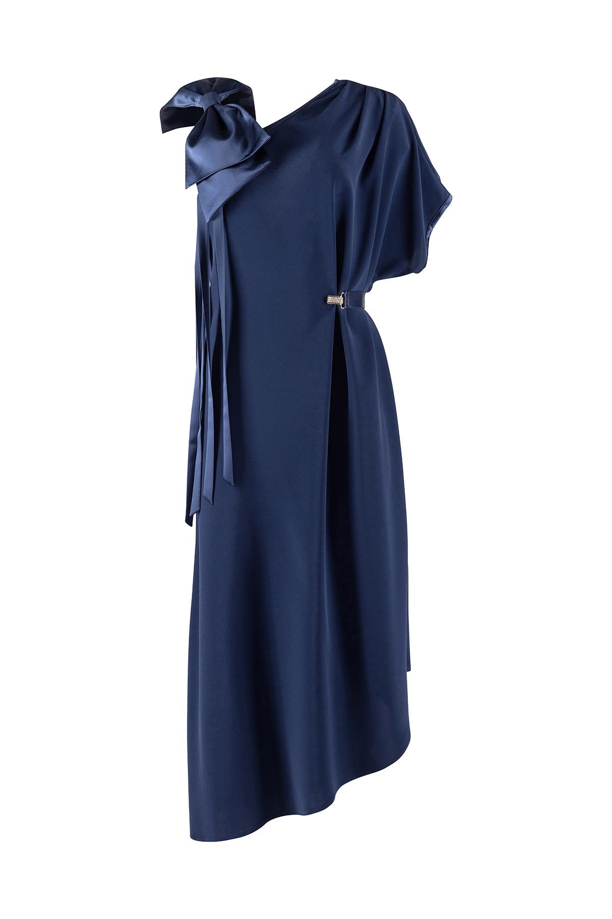 Navy blue dress with a draped design on a white background