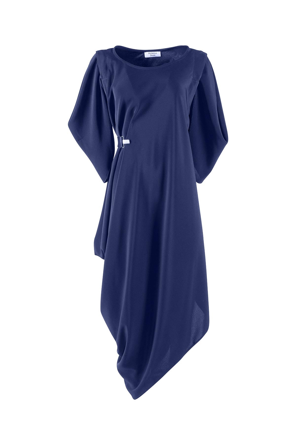 Navy blue dress with a draped design on a white background