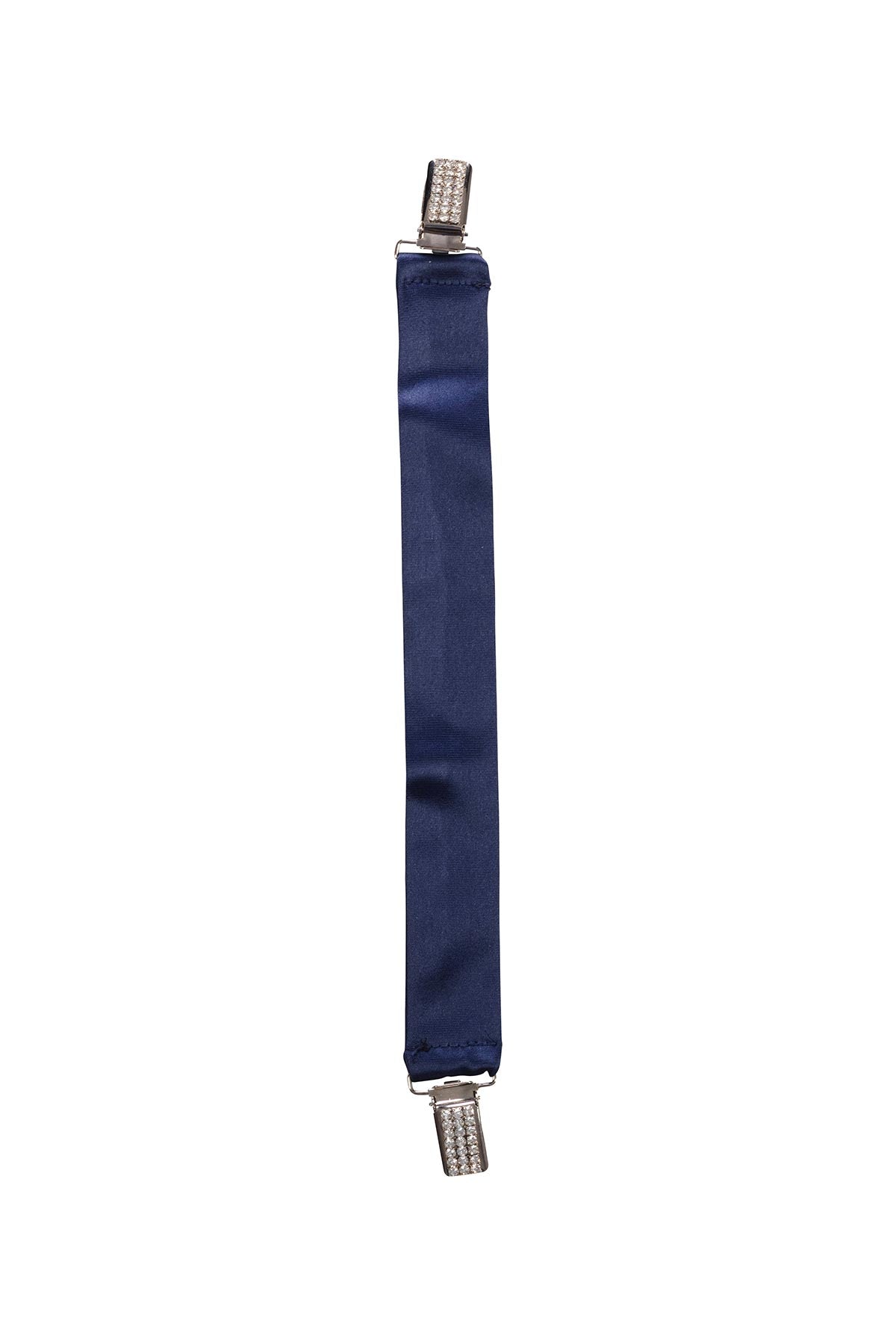 Navy blue belt with silver clips on a white background