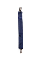 Navy blue belt with silver clips on a white background