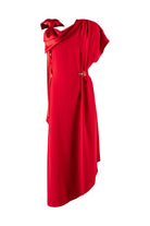 Red one-shoulder dress with a belt on a white background