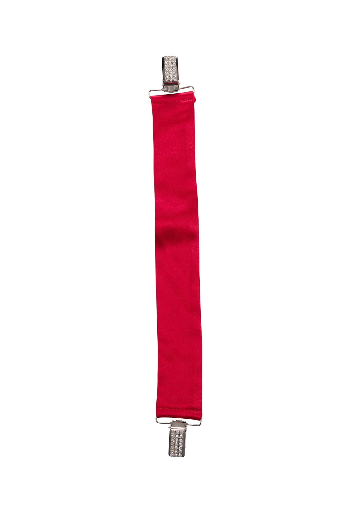 Red Cara belt with metal clips on a white background