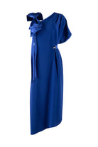 Blue dress with a belt and a bow detail on a white background