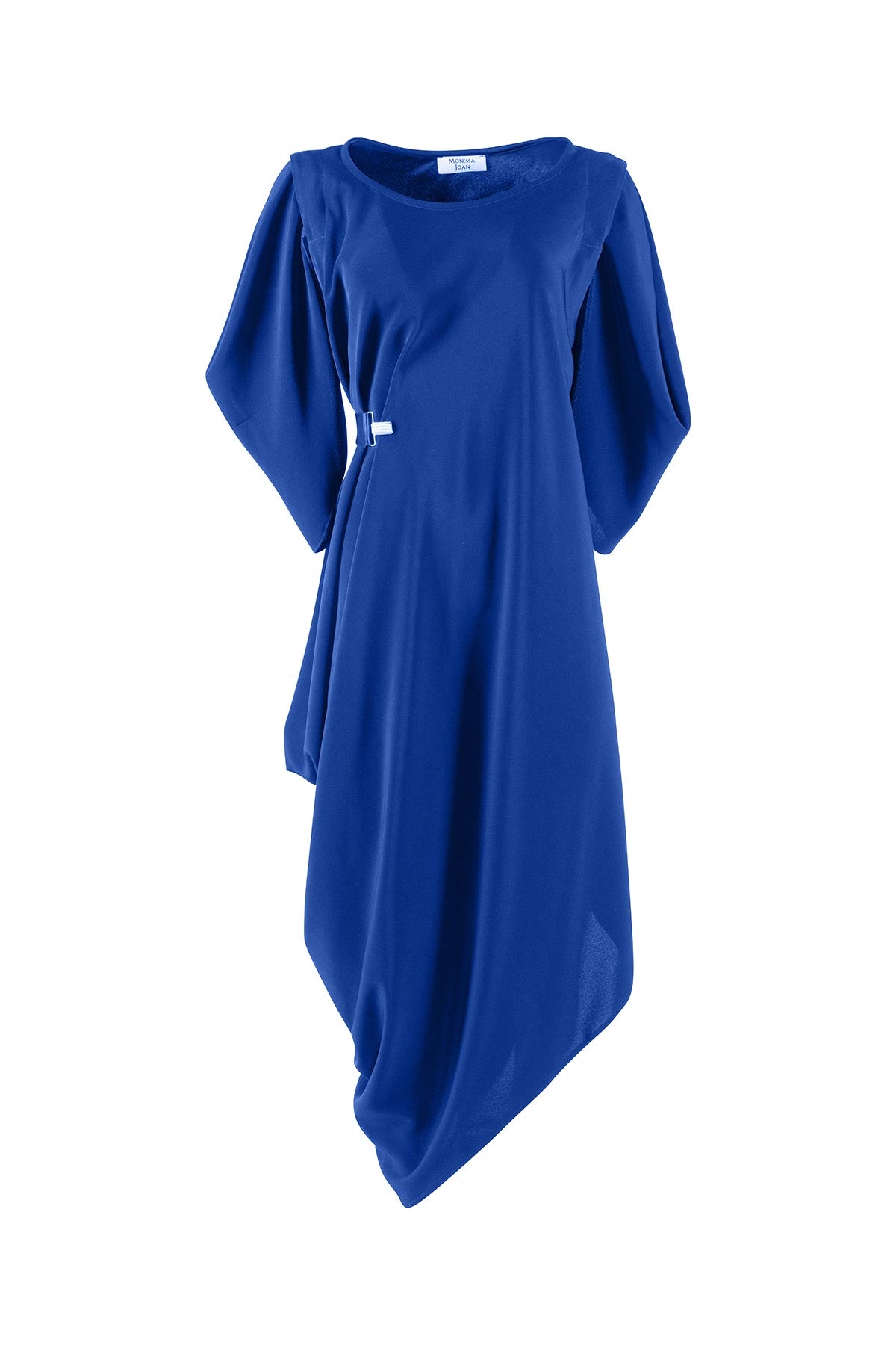 Blue dress with a belt and draped design on a white background